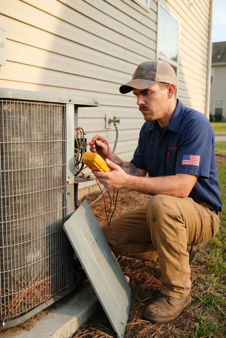 A American Heating & Cooling technician diagnosing an outdoor AC condenser to fix the fault